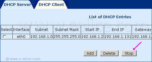 Bouton Stop dans le menu DHCP Server