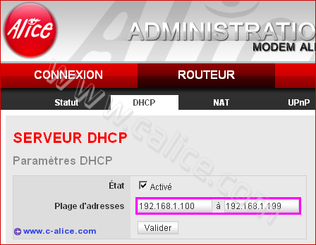 Plage d'adresses dans le menu DHCP